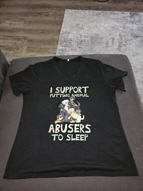 Black Graphic V-Neck Tee with Rescue Dog Illustration